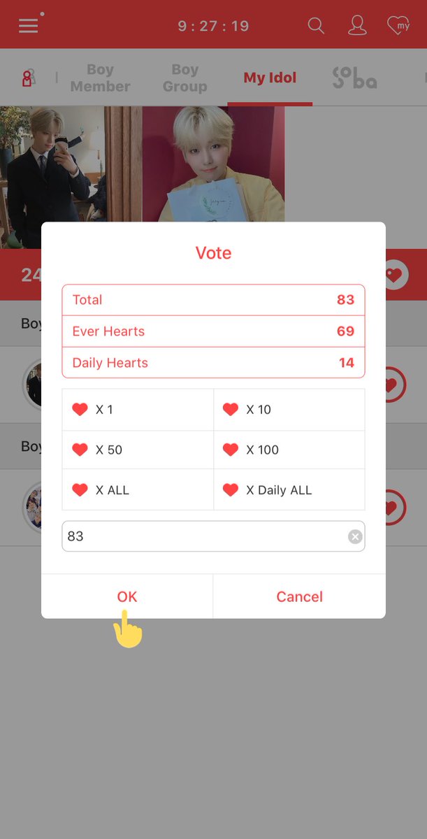 voting goes like this! search for TOO, press the heart icon in the first pic, select how many hearts you want to use, press ok and you’re done :D