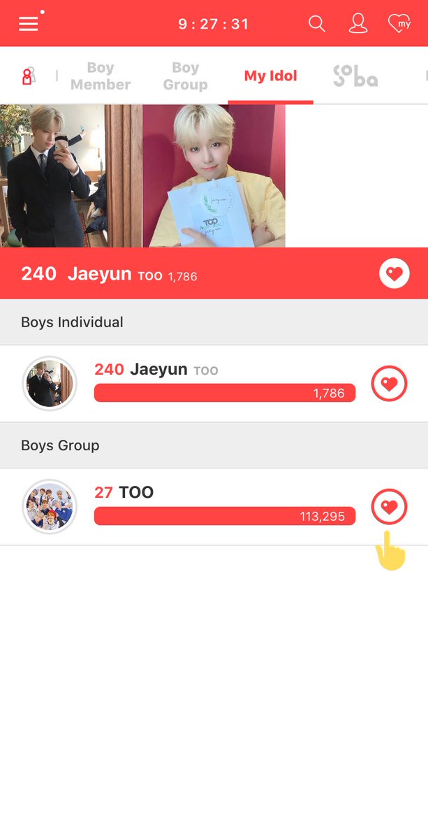 voting goes like this! search for TOO, press the heart icon in the first pic, select how many hearts you want to use, press ok and you’re done :D