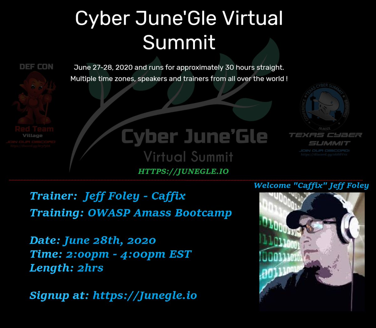 RedTeamVillage_'s tweet photo. Register now: Track1 Expert: Jeff Foley "Caffix" OWASP Amass Bootcamp, no one knows more about Amass then #Caffix @jeff_foley

https://t.co/HZ4CFXmVIq

All Free: https://t.co/62cWFwsu5S for Complete Schedule &amp; Events

Join https://t.co/Xkgw57UCkP

#RedTeam #RedTeamVillage #OWASP https://t.co/L6aZkvHoRo