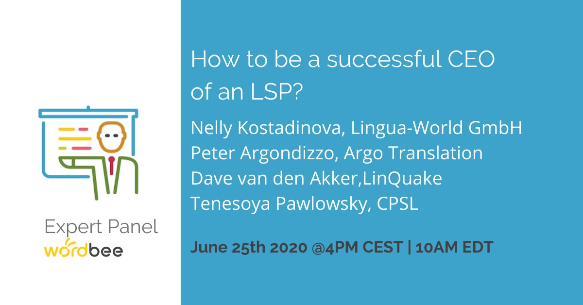 Our next online panel will be different. We invited the CEOS of <a href="/LinguaWorldUK/">Lingua-World UK</a>
@_CPSL <a href="/ArgoTranslation/">Argo Translation</a> and <a href="/LinQuake/">LinQuake</a> to learn how to prepare this role, their experiences and advice for future managers or CEOs in the #language industry
Sign up 🎧 buff.ly/37E7ocY
#l10n