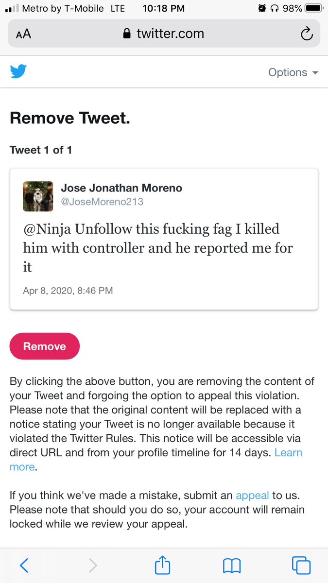 JoseMoreno213's tweet photo. What happened to freedom of speech @Twitter  everyone should unfollow @Ninja , I have every right to say so.  He should practice more if he doesn’t like dying by a console player. https://t.co/KMbzkhOZEs