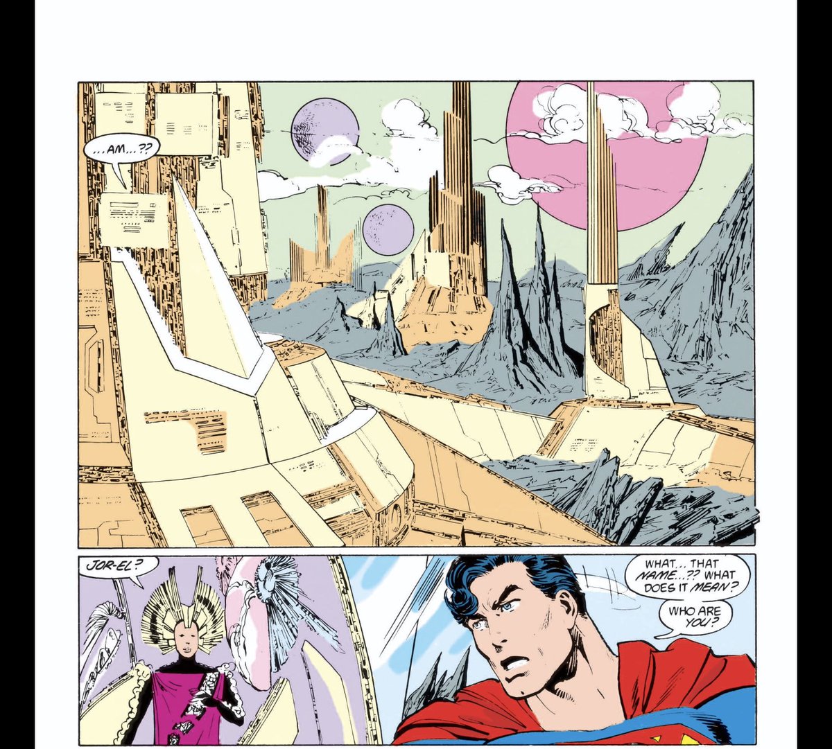 Here’s where Byrne’s decision to keep Krypton out of Clark’s life really pays off. You get this wonderful sequence of pages of Clark just freaking out as Krypton reveals itself to him for the first time.