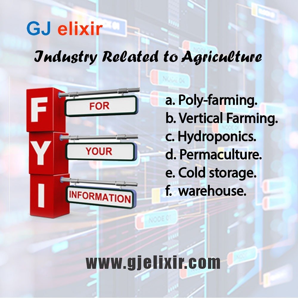 FYI.

1.  Industry related to Agriculture - 

a. Poly-farming.

b. Vertical Farming.

c. Hydroponics.

d. Permaculture.

e. Cold storage.

f.  warehouse.

#agriculture #agritech #futureagriculture #futureundustry