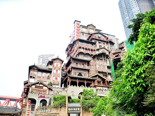 Chinese-style architecture also gets the large-scale treatment, such as the Hongyadong shopping mall in downtown Chongqing.