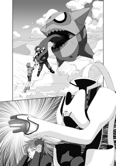 愚作「砂の神 空の人」から台詞フキダシ無し絵その,9
この漫画はペン入れの時に擬音も描いてる場合があるので消せたり消せなかったりしています_φ(‾▽‾)

前にも言いましたが、戦闘機とロボットと人の闘いのシーンですからw

ロボは完全自律、戦闘機は兵士個人兵装で…形状は所属世界の違いから… 