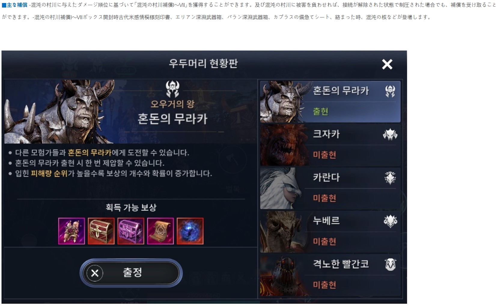エンネアジ 原神待ち 韓国版で 新ワールドボス 混沌のウラカ が実装されました 混沌のウラの出現時間は不定期で 毎回運営から発表されます 報酬は 深淵装備や古代未鑑定文様刻印書 今後のアップデートで必要になる 混沌の核 などが入手できます エンネアジ 原神待ち 韓国版で 新ワールドボス 混沌のウラカ が実装されました 混沌のウラの出現時間は不定期で 毎回運営から発表されます 報酬は 深淵装備や古代未鑑定文様刻印書 今後のアップデートで必要になる 混沌の核 などが入手できます