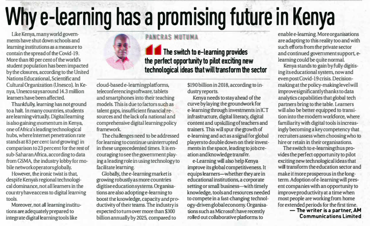 AMComms_Ltd's tweet photo. In Kenya, @UNESCO notes that around 14.3 million learners have been impacted by school closures. Thankfully, learning has not ground to a halt. Read @Pancwise 's thoughts on the future of e-learning in Kenya as published in today's @PeopleDailyKe newspaper. https://t.co/RpLpbsN52X
