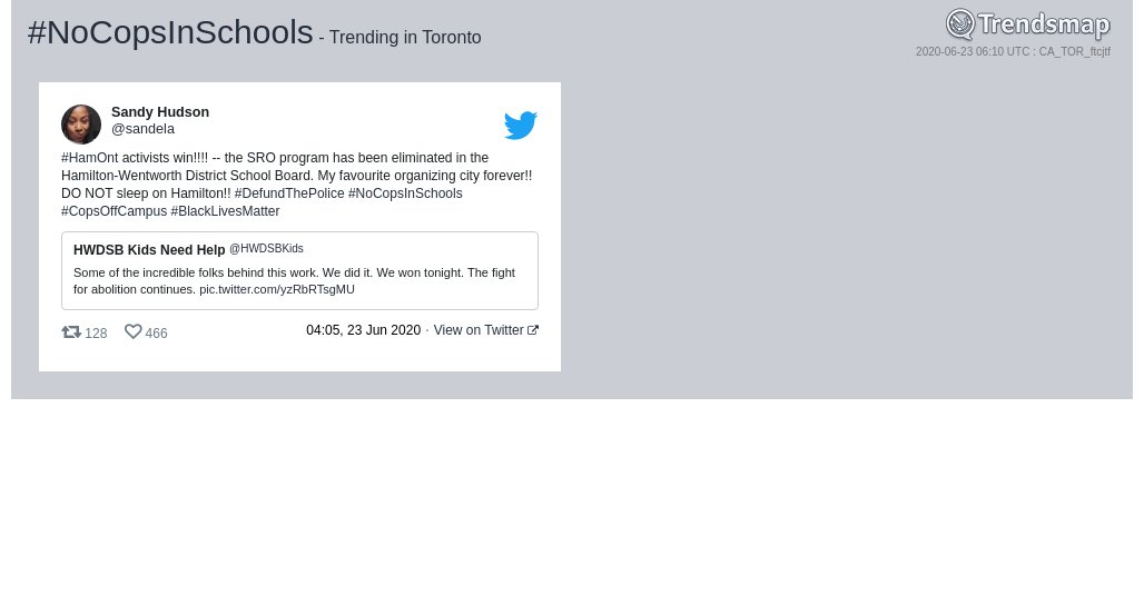TrendsToronto's tweet photo. #nocopsinschools is now trending in #Toronto

https://t.co/RqKb5twGoa https://t.co/YG155vvvBR