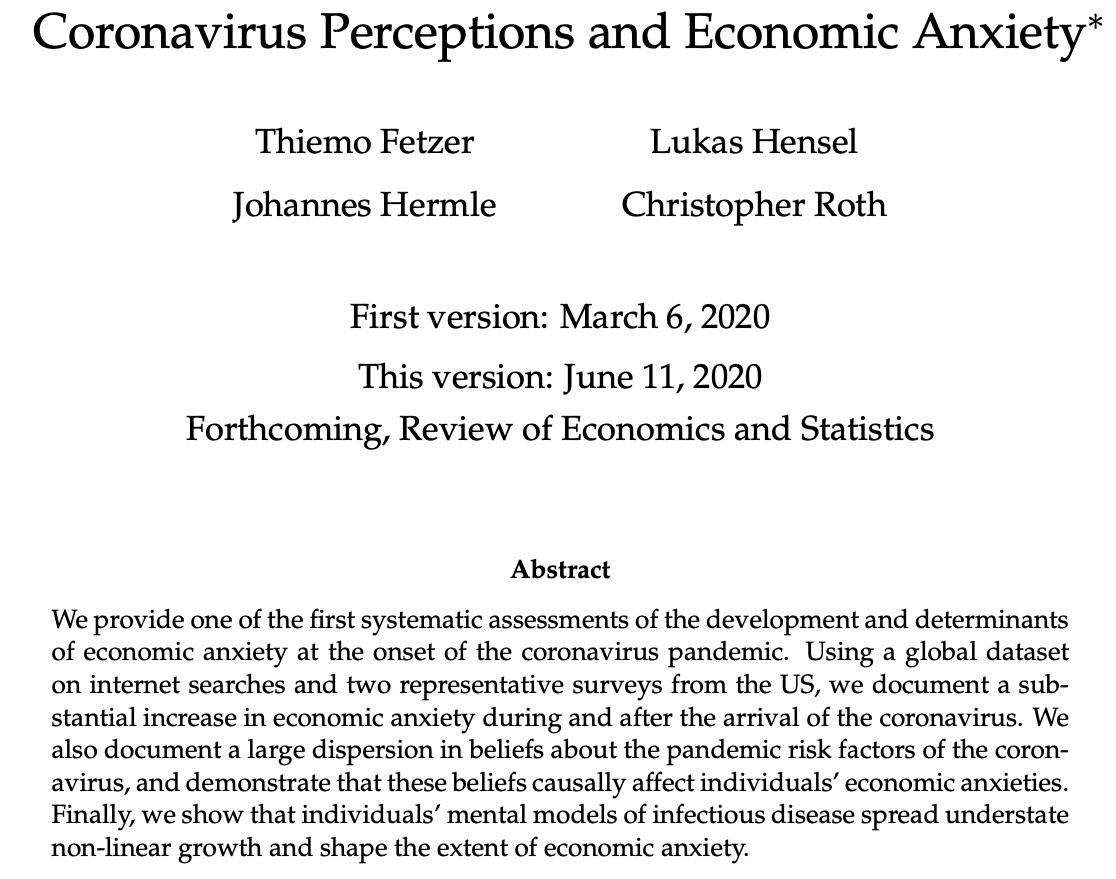 My paper “Coronavirus perceptions and Economic Anxiety” (with  @cp_roth,  @johanneshermle, and  @fetzert) is now available  @restatjournal ( https://bit.ly/37Ss94v ). A big thank you to the referees and the editor for the quick turnaround. A summary of the key findings below 1/9.