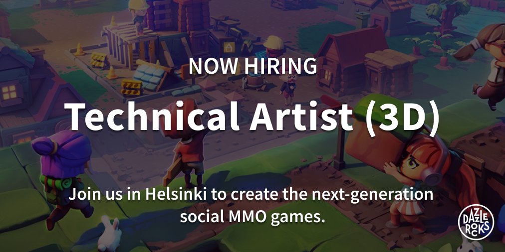 dazzlerocks's tweet photo. We are looking for a prototyping Technical Artist to create world-building systems and social MMO game mechanics. Learn more and apply: https://t.co/P0b8MpcdgQ #techartist #technicalartist #gamejobs #helsinki https://t.co/W2jMSjCMF3