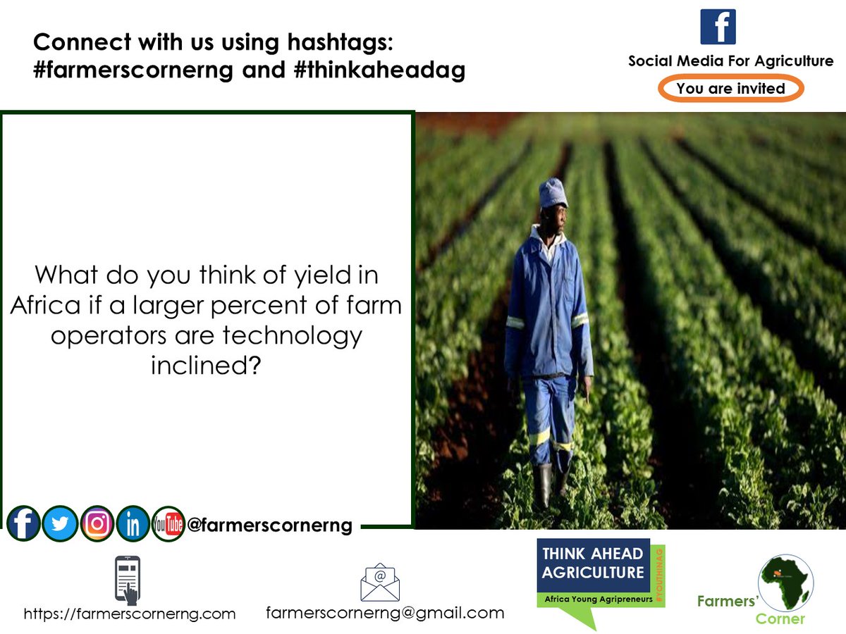 farmerscornerng's tweet photo. What do you think of yield in Africa if a larger percent of farm operators are technology inclined?
Tag youth in agriculture.
#farm #yield #food #foodsecurity #methods #techniques #agtech #farmtechnology #mobileag #youthinag #technology #africa #thinkaheadag #farmerscornerng https://t.co/bLhTEP5yKz