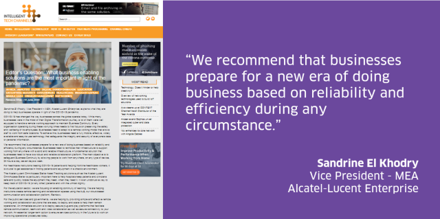 gcass_eu's tweet photo. Sandrine El Khodry, Vice President – MEA at @ALUEnterprise, shares how ALE can help businesses operate in light of the current crisis. Read the @IntTechChannels article. #BusinessContinuity https://t.co/hkNSQCMfX9 https://t.co/qIyg6I31Qw
