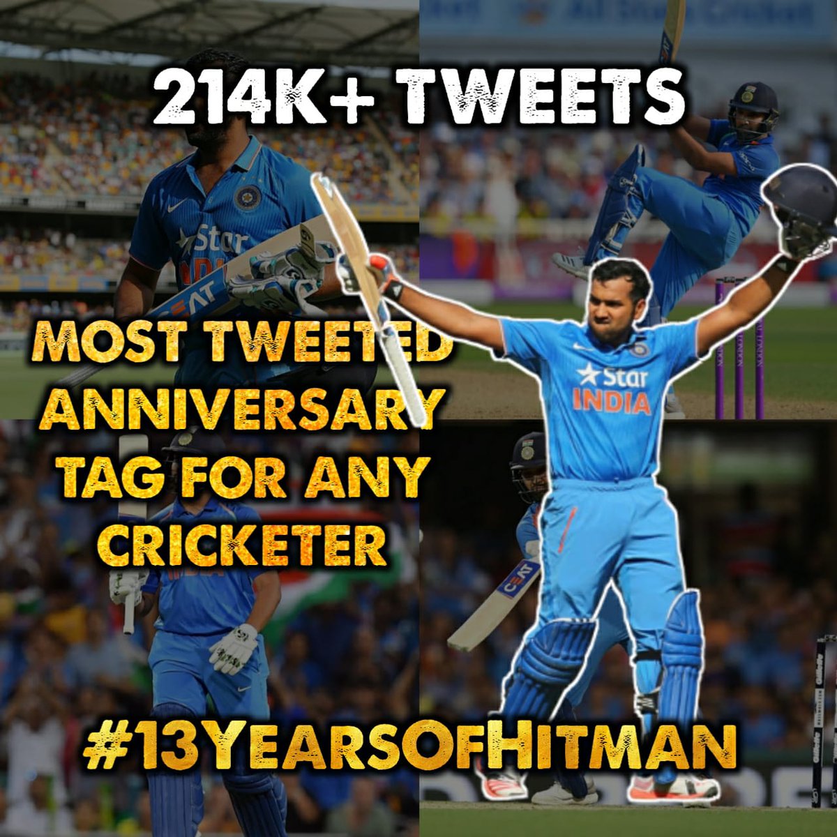 TrendsRohit's tweet photo. Most Tweeted Anniversary tag for any cricketer 🔥

#13YearsOfHITMAN https://t.co/xal0EmRm4o