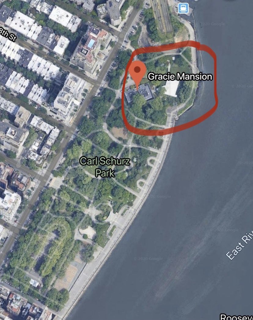So ppl came from Brooklyn to keep everybody in the Manhattan buildings you see on the left awake, as part of a protest to keep DeBlasio in the house circled in red awake, bc they want police to be able to stop the fireworks? Also something about parks? And police support. Ok.
