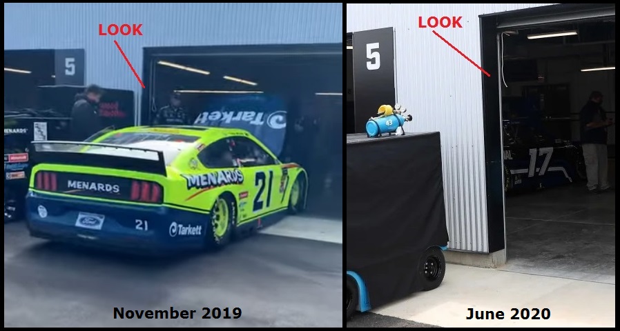 6) And finally here's the side-by-side that shows the manual garage door pull hand loop in place [Nov '19] and the hand loop (purposefully identified as a "noose") missing or cut-off [June 22, 2020]cc:  @NASCAR  @NASCARONFOX  @NASCAR_Xfinity