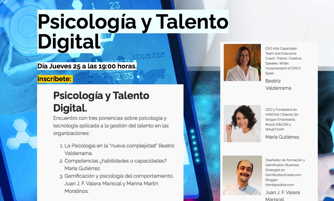 ValeraMariscal's tweet image. PSICOLOGÍA Y TALENTO DIGITAL
Jueves 25 a las 19:00
El éxito de la transformación digital está centrado en la persona. mailchi.mp/dbcc17451af6/l… 
 #psicología #tecnología #gestiondetalento #transformaciondigital #talento #selección #desarrollo #formación #gamificacion #gamification