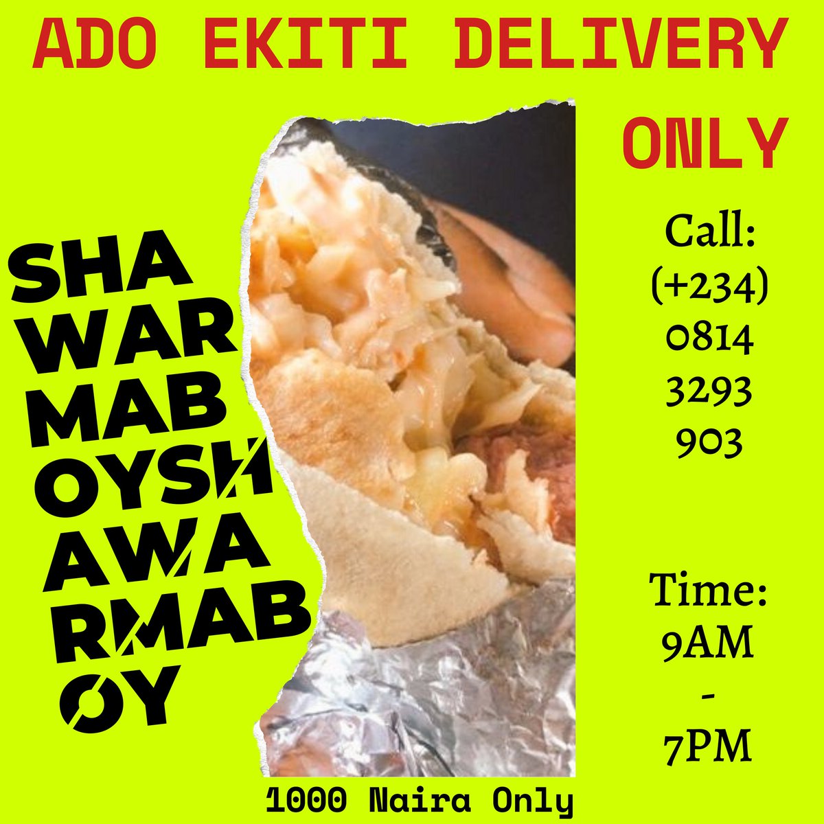 Do you know Shawarma Boy can make and deliver Shawarma to your doorstep or office in Ado Ekiti during this pandemic. You can order in small and large quantity for your family or coworkers. WhatApp & direct calls; 081432923903 #ShawarmaBoy
