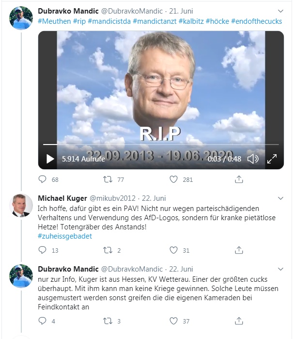 TuMirNix's tweet photo. @Harry__Klein ...und es geht ganz "sachlich und würdevoll" weiter mit der "Manöverkritik" an Parteigenossen. ;-)
#Mandic #AfD vs. #Kuger #AfD https://t.co/4GujZ9Gm7E
