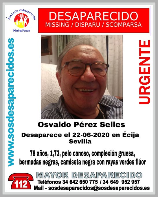 Ecija_Sevilla's tweet photo. RT @guardiacivil: 🆘#MuyUrgente⚠

¿Has visto a Osvaldo?

Es un #mayor que ha #desaparecido en Écija #Sevilla

Si puedes ayudar
☎️062
☎️091
☎️112
Tu RT es muy importante https://t.co/h0bouziQy6
