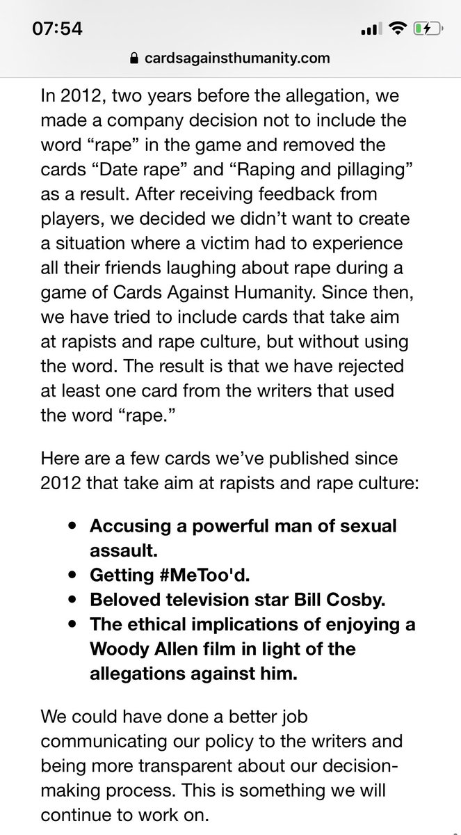 4) ‘we took out the cards making fun of rape and replaced them with cards making fun of people being exposed for doing rape’