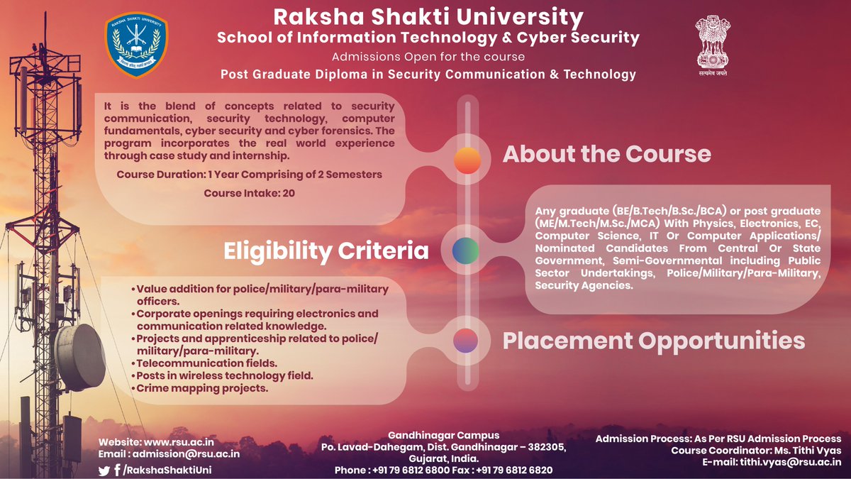 RakshaUni's tweet image. The #SITCS wing of #RSU has opened doors to Post Graduate Diploma in #SecurityCommunication &amp;amp; #SecurityTechnology.

The program is a blend of #InformationTechnology &amp;amp; #CyberSecurity.

#CyberForensics
#Telecommunications
#EthicalHacking
#CrimeMapping
#DigitalIndia
#CyberCrime