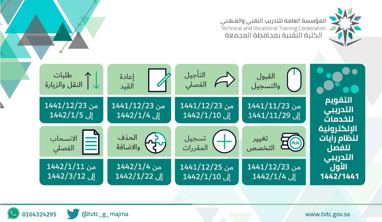الكلية التقنية بالمجمعة در توییتر التقويم التدريبي للخدمات الالكترونية لنظام رايات للفصل التدريبي الأول 1442 1441 هـ التدريب التقني المجمعة