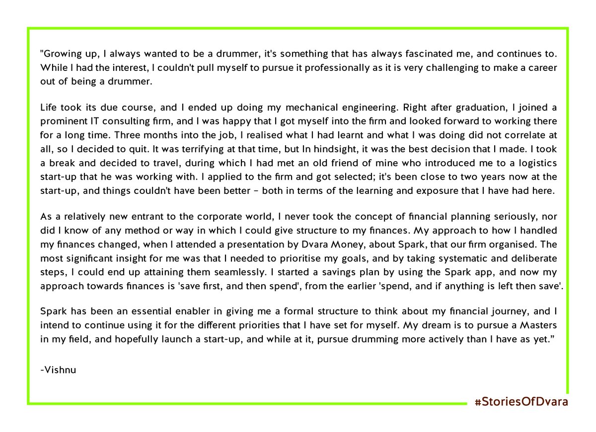dvara_money's tweet image. “Spark has been an essential enabler in giving me a formal structure to think about my financial journey, and I intend to continue using it for the different priorities that I have set for myself.” - Vishnu #StoriesOfDvara #SparkFinancialWellness instagram.com/p/CBxH7mUnttP/