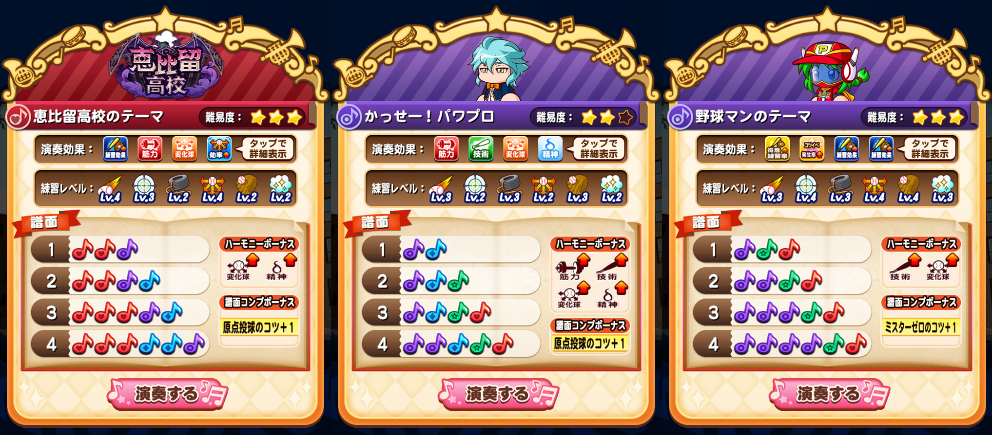 パワプロアプリ公式 イベキャラからもらえる楽譜の3枚目 5枚目 6枚目を演奏コンプリートすると それぞれで超特のコツがもらえるよ 原点投球が被っちゃった 楽譜からもらえるのは全部で5種類 超特は楽譜ごとに決まってるので 3つ取れる組み合わせを