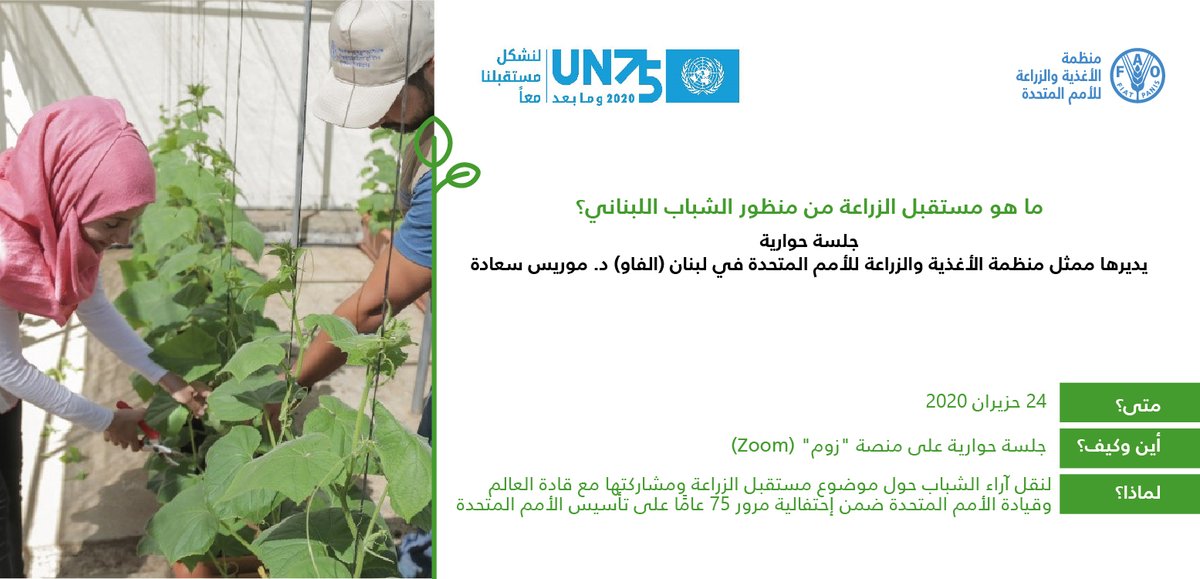MSaade's tweet photo. What is the future of #agriculture from #Lebanese #youth perspective? 
Learn more from 40 students in the technical agricultural schools, who will join me tomorrow in an online discussion to celebrate #UN75. 
A promising discussion for the future we want in #Lebanon! https://t.co/VxdxRpGbLw