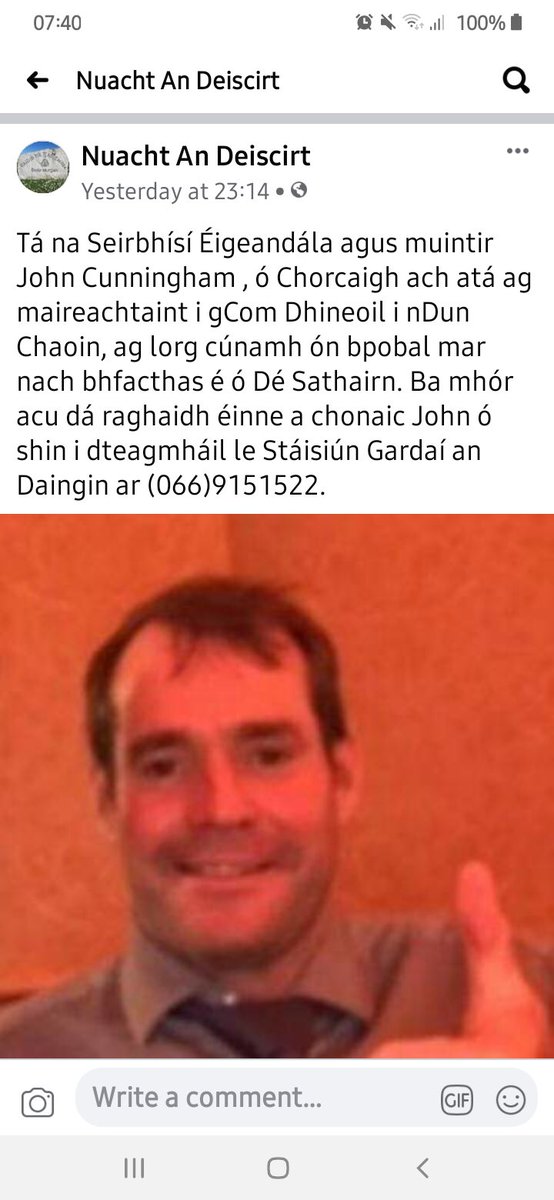 NiallORegan29's tweet photo. The Emergency Services and the family of John Cunningham, from Cork but living in Dinosaur in Dunquin, are seeking help from the public as it has not been seen since Saturday. Anyone who has seen John since then will contact An Daingean Garda Station on (066) 9151522 https://t.co/n8sHf33Hic