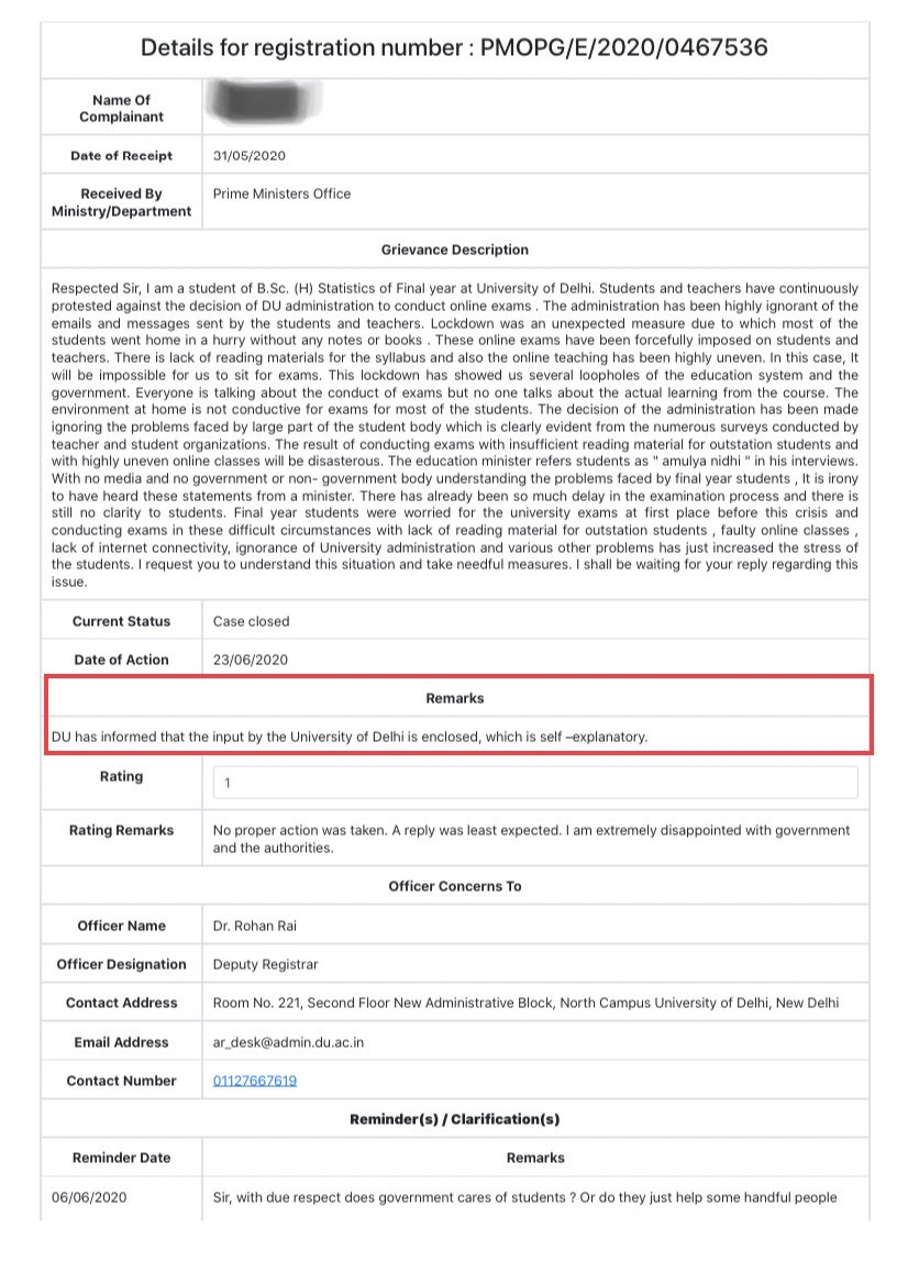 Abhishek_Raj_03's tweet photo. #DuAgainstOnlineExams  This is the type of reply received from DU on PM grievance portal. Previously mhrd asked DU to take appropriate action.
@narendramodi @PMOIndia @ugc_india @MoHFW_INDIA @ArvindKejriwal https://t.co/fbZxl3HKqr