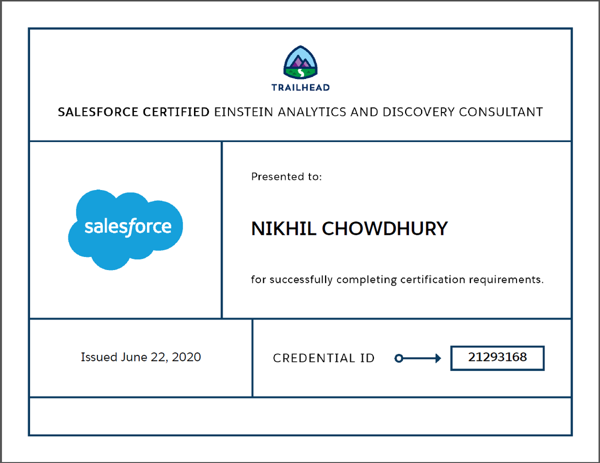 nikhil_trekker's tweet image. 8th One down..one more to my #CertificationList ..Utilizing #Lockdown to the max.. helps a lot to keep your learning skills high.
#SalesforceOhana
#SalesforceCertifications
@SalesforceDevs @trailhead