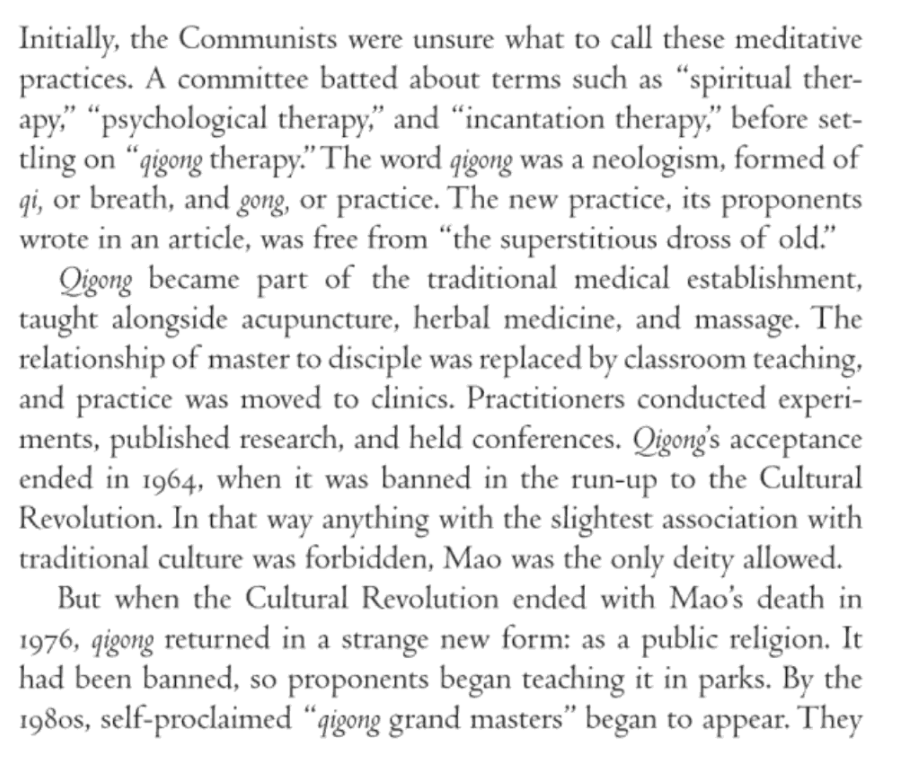 Ian Johnson's The Souls of China sets the scene: qigong as traditional practice (practices sometimes claiming spurious roots), as pseudoscience (promoted by Qian Xuesen 钱学森 among others), and as a commodifiable product. Not completely unlike Western New Age stuff.
