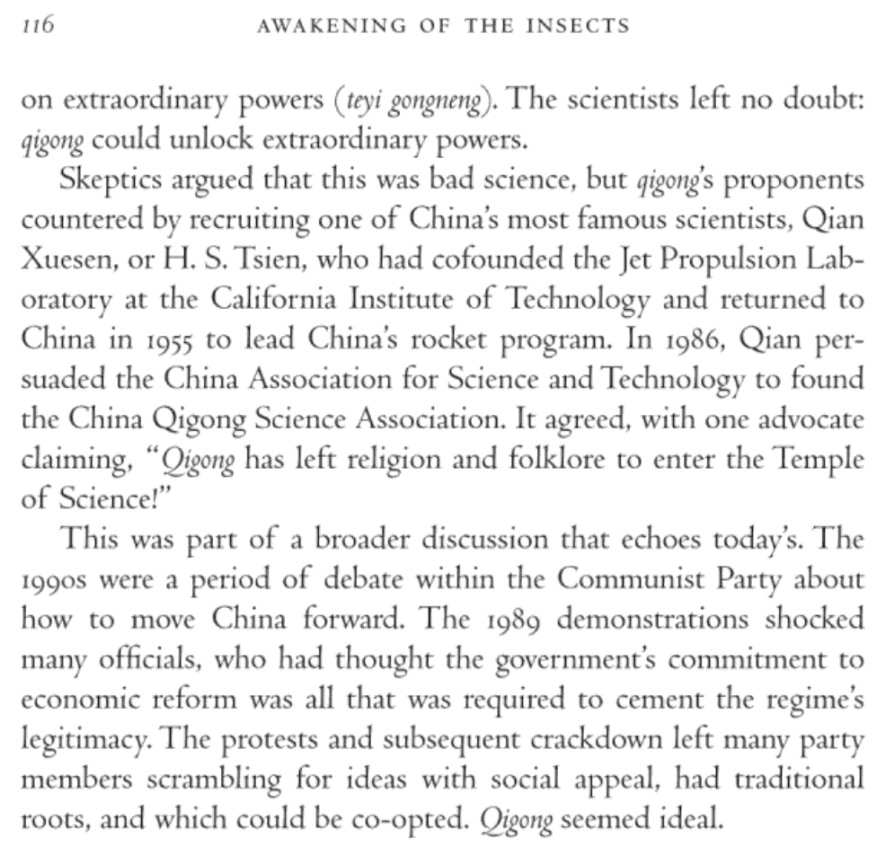 Ian Johnson's The Souls of China sets the scene: qigong as traditional practice (practices sometimes claiming spurious roots), as pseudoscience (promoted by Qian Xuesen 钱学森 among others), and as a commodifiable product. Not completely unlike Western New Age stuff.