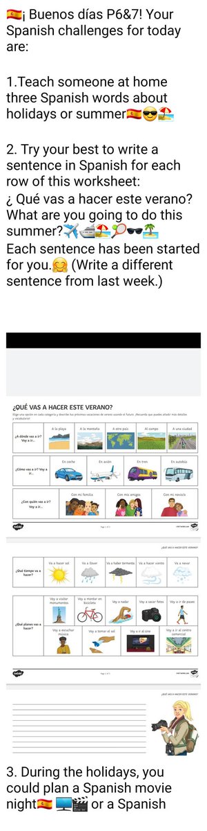 StDavids4's tweet photo. 🇪🇦Buenos dias P6&amp;7. Here are your Spanish activities for today.  🇪🇦🌈🤗
Disfruta- enjoy!😊☀️🌼🌟 https://t.co/kHBQJmQvYo
