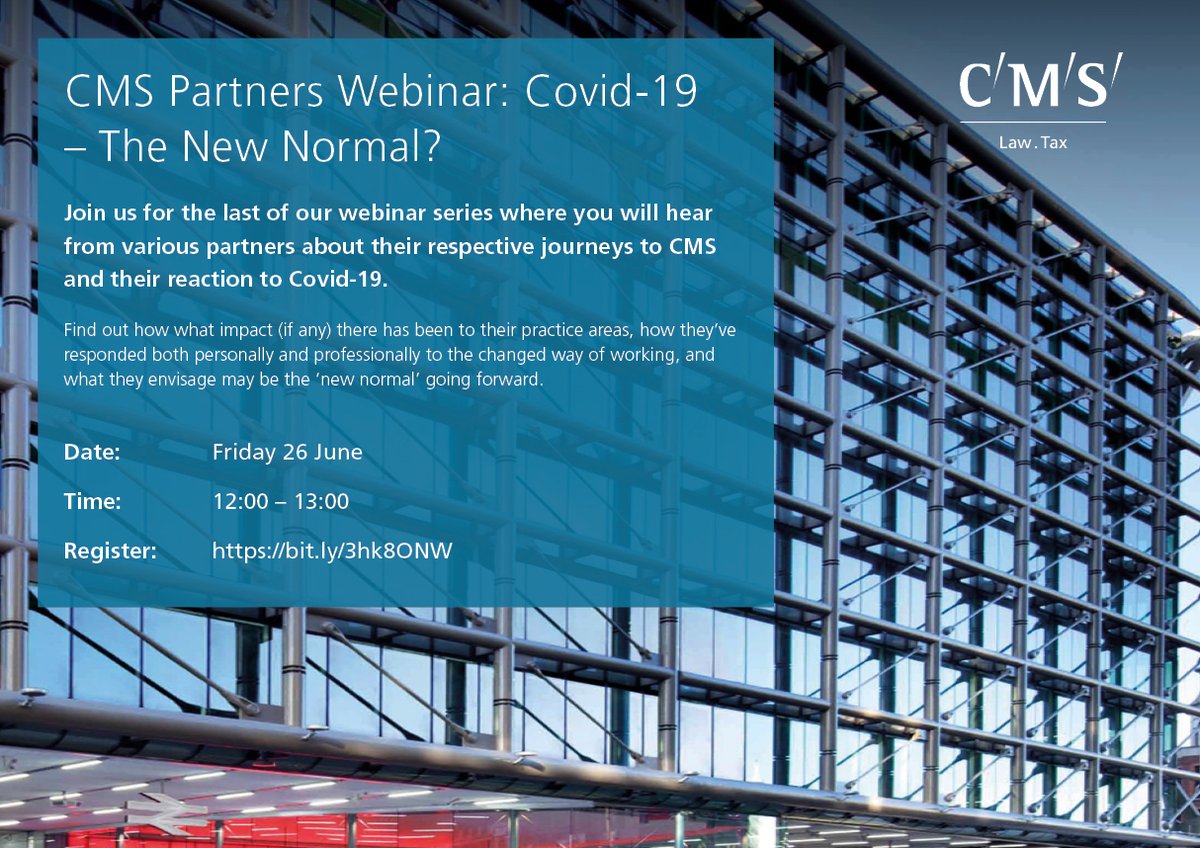 Don't forget to register for our final webinar where some CMS Partners will be discussing their respective journeys within the legal industry, and their reactions to Covid-19!

Date: 26th June
Time: 12:00-13:00
Register: bit.ly/3hk8ONW