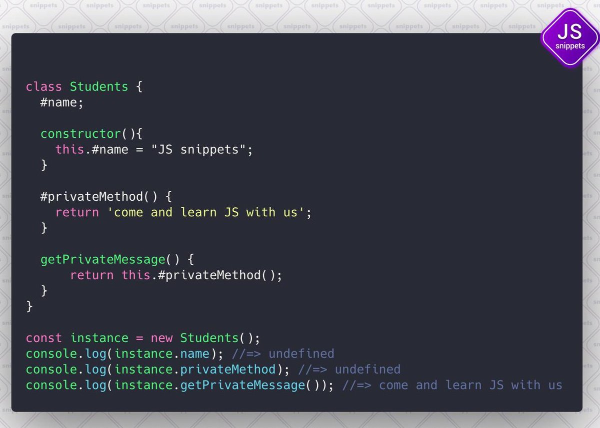 SnippetsJs's tweet image. ES2020 is introducing private class methods and fields
#JSsnippets
Follow us -
Github - github.com/JSsnippets/Jav…
Twitter -
Linkedin - linkedin.com/company/293420…