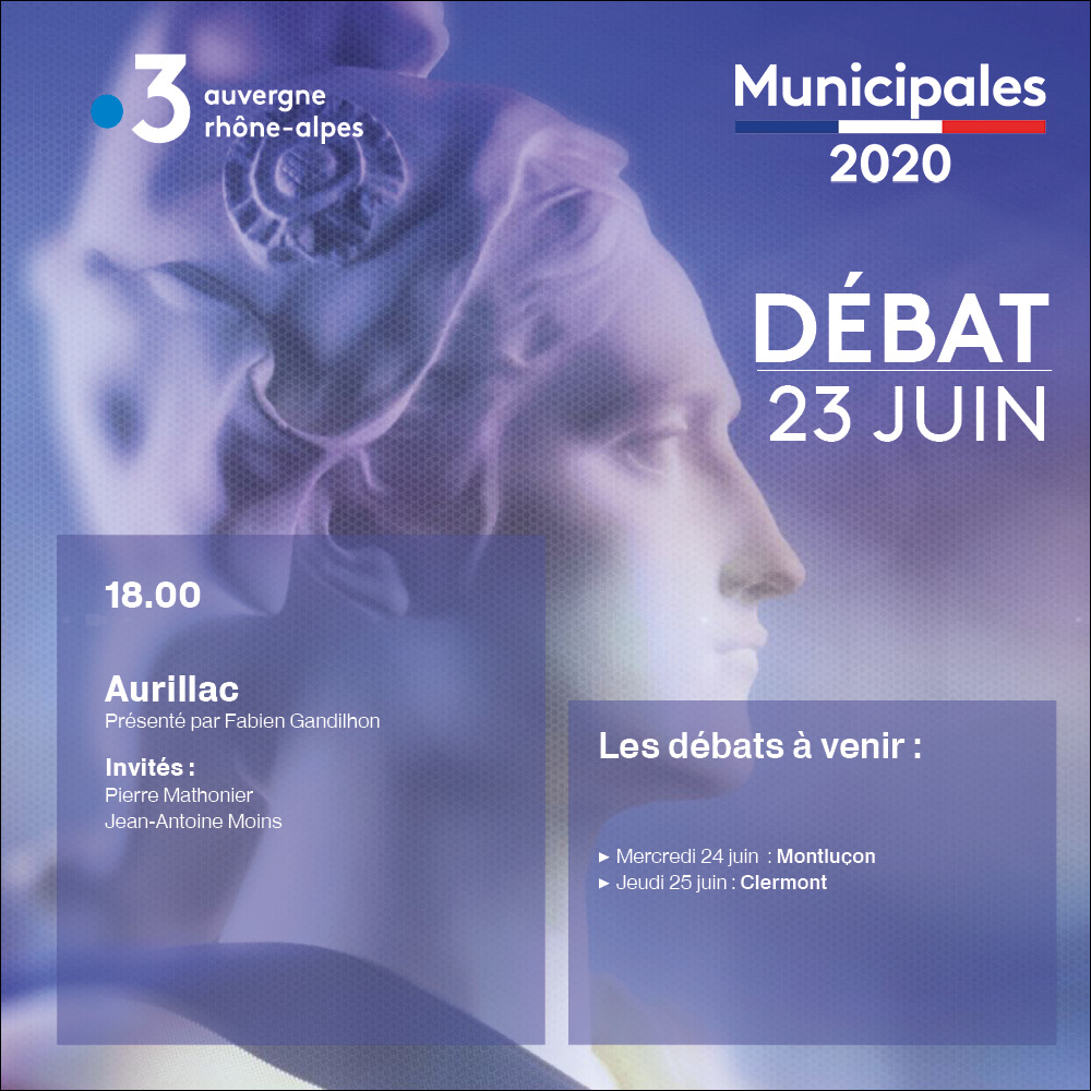 F3Auvergne's tweet photo. CE SOIR 🇫🇷 #Municipales2020, le second tour : débats #AURILLAC avec  @mathonier2020, Jean-Antoine Moins
 
📺18h00 sur 
@F3Auvergne

#debatfrance3 #electionsMunicipales2020 https://t.co/K7MBAMr2Y1