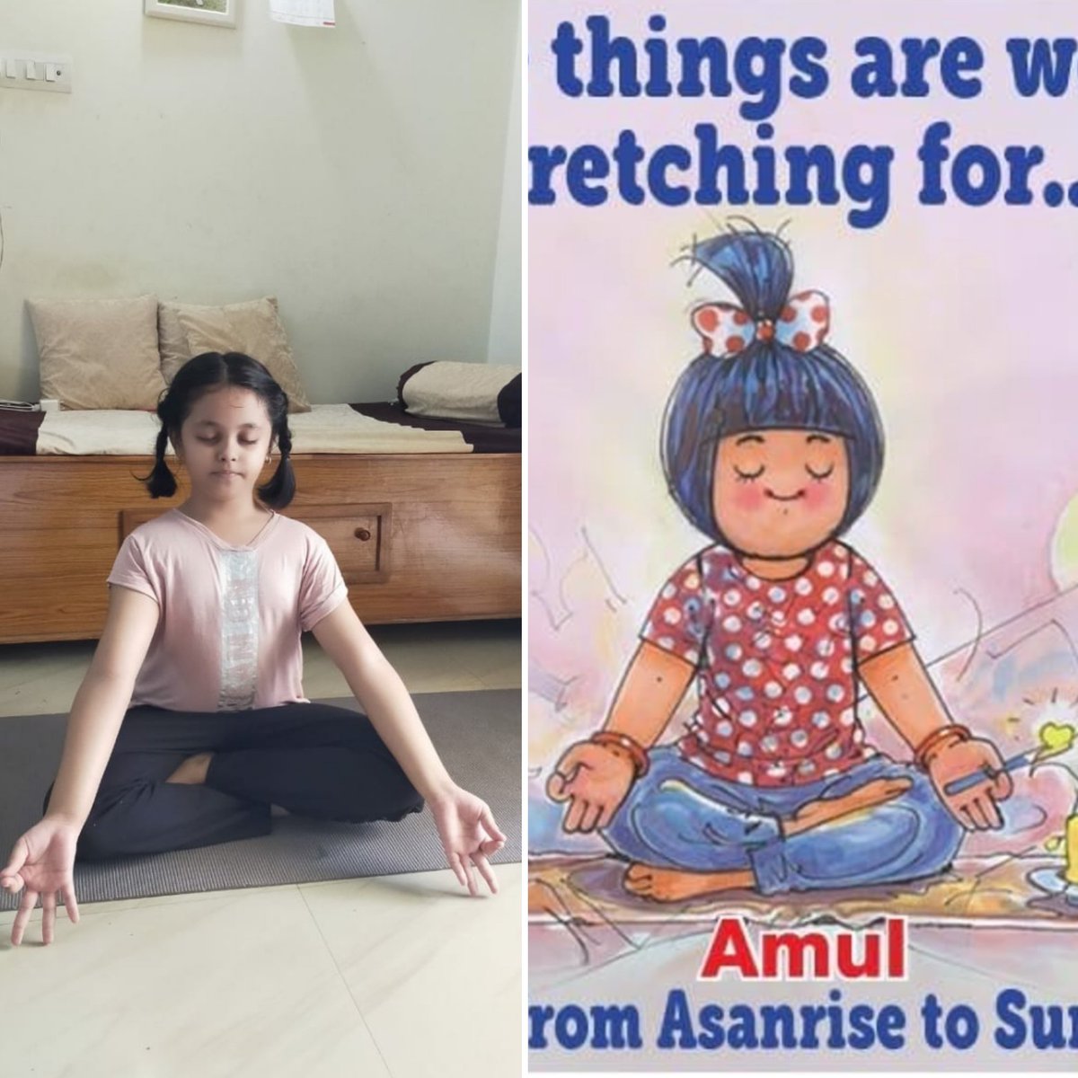 Hey <a href="/Amul_Coop/">Amul.coop</a> , didn't know the Amul girl was my niece ;) Both are in butterly Zen!! #yoga #Zen #AmulGirl