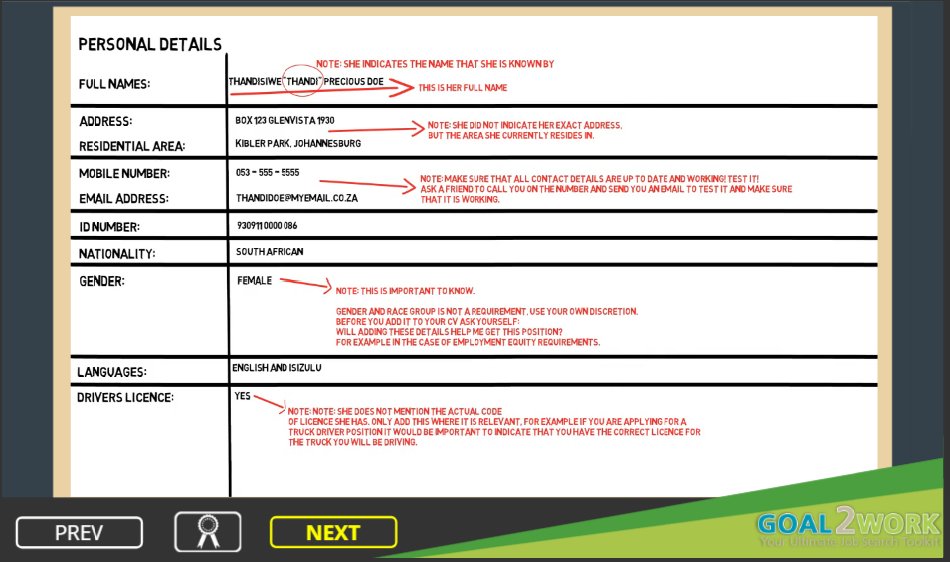 GOAL2WORK's tweet photo. Hi Job Seekers. Here is your fourth tip to help you create a winning CV. CV tip 4: Below is an example of personal information you should include on your CV. Recruiters or companies search for CV’s using some of the keywords below in their search criteria,such as drivers licence https://t.co/QHeB674jpB