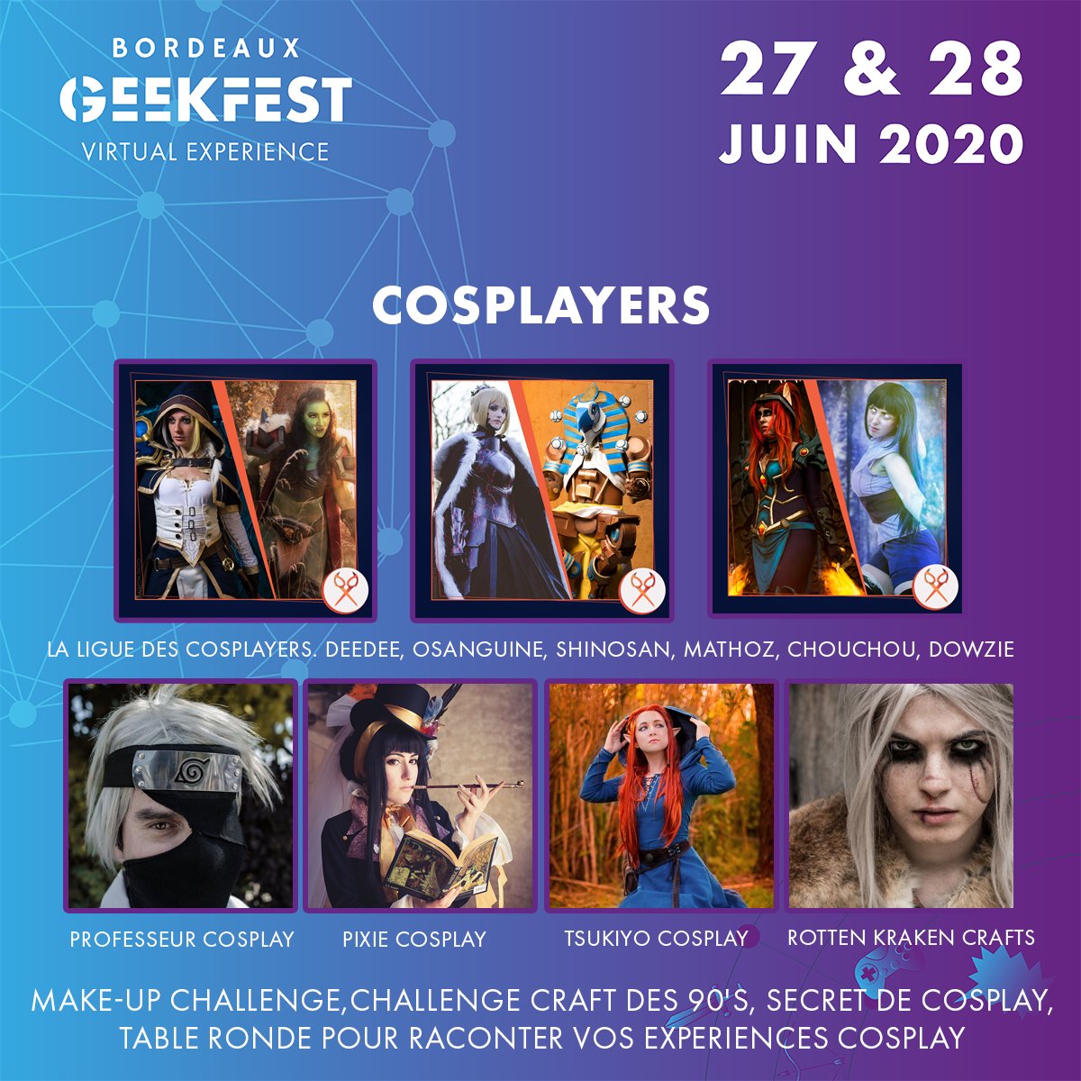 Geek_Festival's tweet photo. 🔹PROGRAMMATION 🔹

Le Bordeaux Geekfest - VIRTUAL EXPERIENCE approche à grand pas. Décovrez notre programmation cosplay ! 😍

AU PROGRAMME:
🔸Tables Rondes
🔸Make-Up Challenge
🔸Challenge Craft des Années 90
🔸Secrets de Cosplay

👉La billetterie:
https://t.co/dxWrA9IRES

#BGFVE https://t.co/Dlmlvismvq