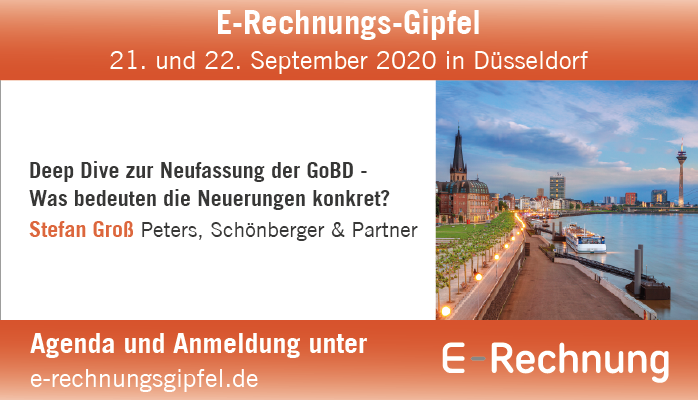 Ein DeepDive zur Neufassung der #GoBD und deren konkrete Bedeutung für Unternehmen mit Stefan Groß <a href="/VeR_Verband/">VeR_Verband</a> beim E-Rechnungs-Gipfel in Düsseldorf am 21. und 22. September 2020. 
Agenda: e-rechnungsgipfel.de 
#ERechnung #ERGI20 <a href="/ExchangeSummit/">E-Invoicing Exchange Summit</a> @k21news