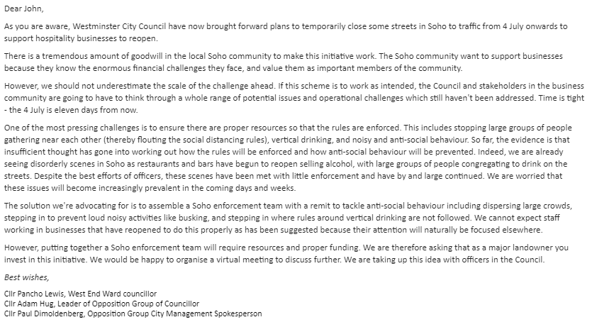Without proper resources for enforcement, plans to temporarily close streets in the West End could be a nightmare for local communities.

We're advocating for West End Enforcement Teams, resourced by the big landowners. 

Have written to Soho Estates below - writing to others too