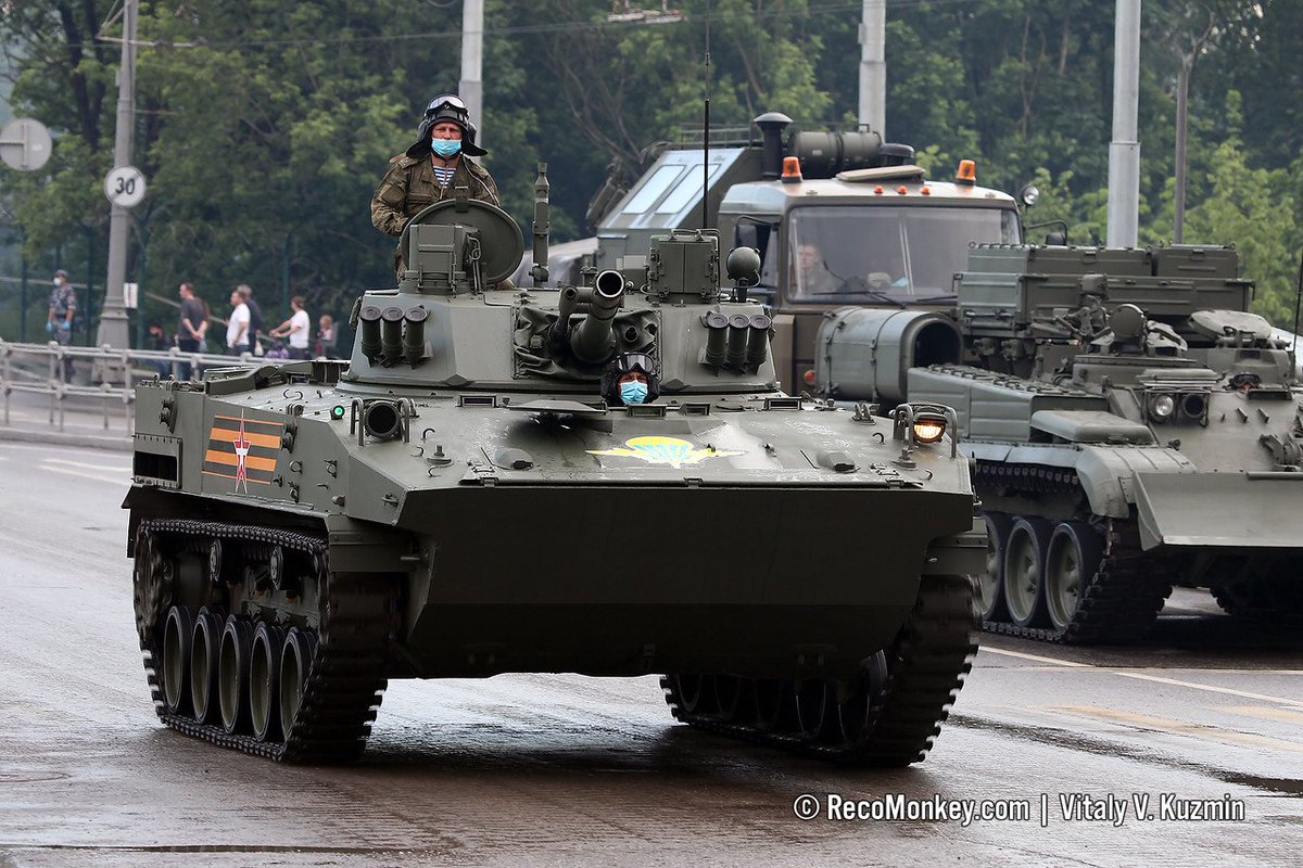 BMD-4M with Bakhcha-U turret mounting 100 mm 2A70 gun, 30 mm 2A72 coax, and 7.62 mm PKT. Lighter/smaller than BMP-3 used for airborne forces, incl airdrops of the vehicle.