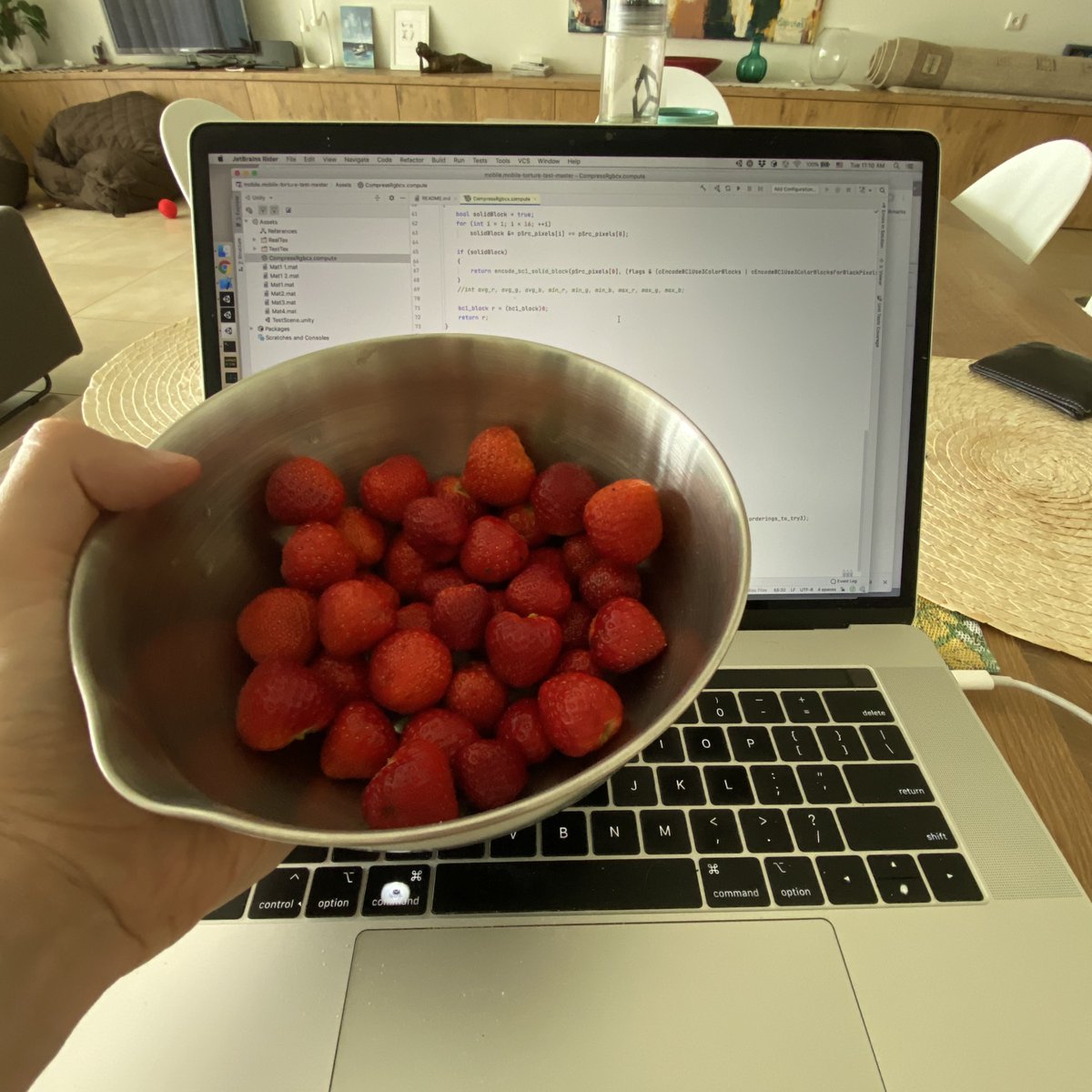 aras_p's tweet image. It’s a #UnityHackWeek, and I’m writing a compute shader in an FPS (first person strawberry) setting. Send help.

(Hackweek is absolutely not “the same” when doing it from home…)