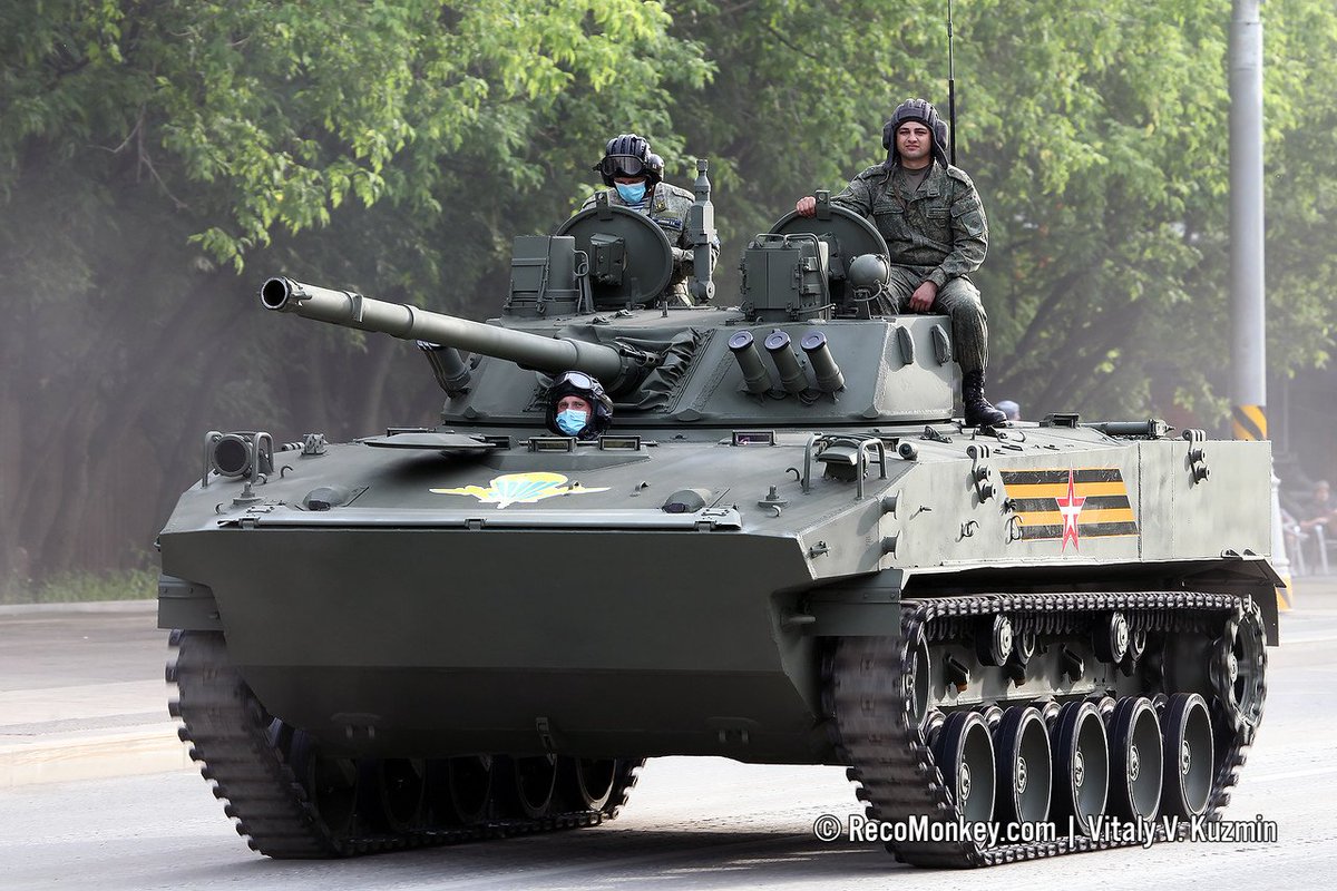 BMD-4M with Bakhcha-U turret mounting 100 mm 2A70 gun, 30 mm 2A72 coax, and 7.62 mm PKT. Lighter/smaller than BMP-3 used for airborne forces, incl airdrops of the vehicle.