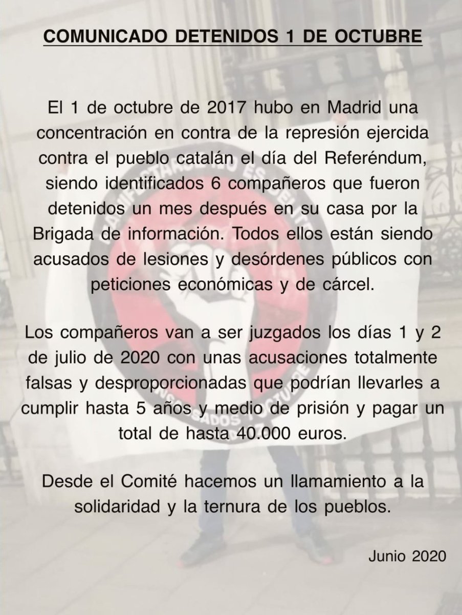 6 compas van a ser juzgados los días 1 y 2 de julio por unas acusaciones falsas. Les piden más de 5 años de prisión y 40.000€.

Pedimos apoyo y difusión. 

Frente a la represión y los montajes policiales sistemáticos, nos tendrán en frente.