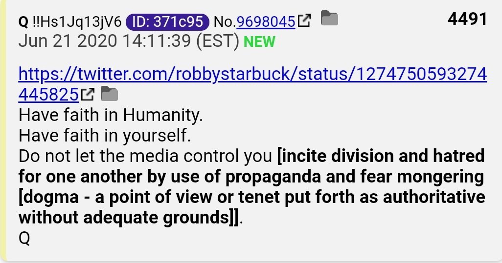 41.  #QAnon The left wants people to live in fear & to keep us divided.  https://twitter.com/robbystarbuck/status/1274750593274445825  #Q