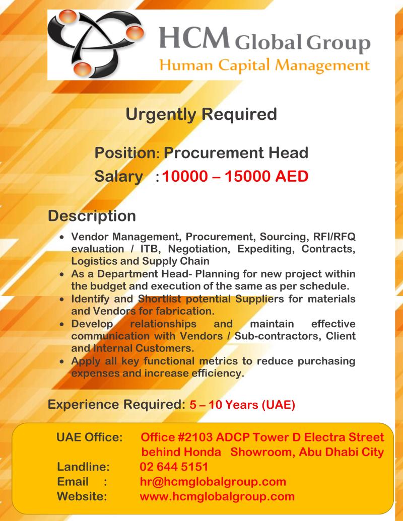 HCMGlobal's tweet photo. We are looking for Candidates for the position of Procurement Head for our Client in UAE.

Interested Individuals can share their profile on the email address given below

hr@hcmglobalgroup.com

#jobshcm #recruitment #hcmjobs #JobSearch #jobseeker #JobSeekersSA #Jobs #UAE https://t.co/Cr6XxSPWbg
