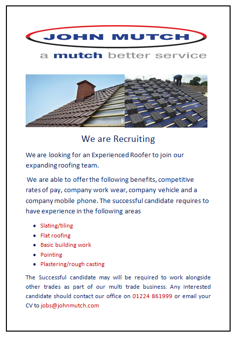 JMBSltd's tweet photo. W E   A R E   H I R I N G  ! ! !
We are currently looking for an experienced joiner and an experienced roofer to join our team. 
Please contact our office on 01224 861999 for more information or send your CV to jobs@johnmutch.com
#joiner #roofer #Aberdeen #hiring #Recruiting https://t.co/bX1VemRV11